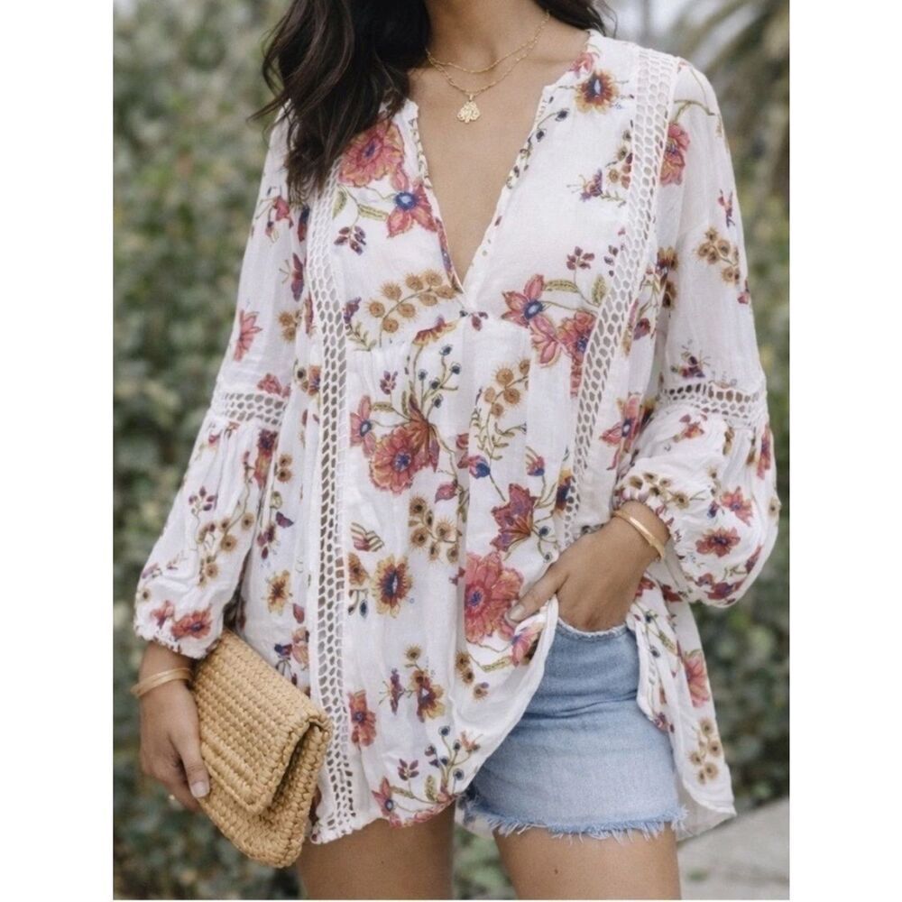 Free People Floral Crochet Trim Tunic Blouse Boho V Neck Bell Sleeve Top